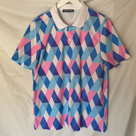 PJ PAUL JONES Mens Geometric Polo Shirt Multi-Color Casual Golf Tee Size Medium - Picture 2 of 7
